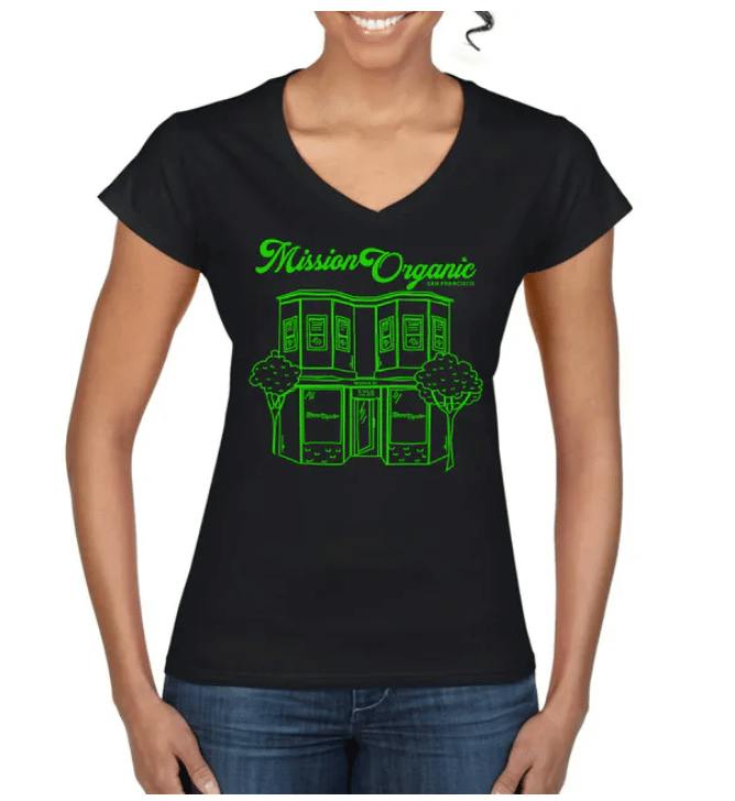 Mission Organic Inc. - Women's Black House Logo V-Neck T-Shirt - Large