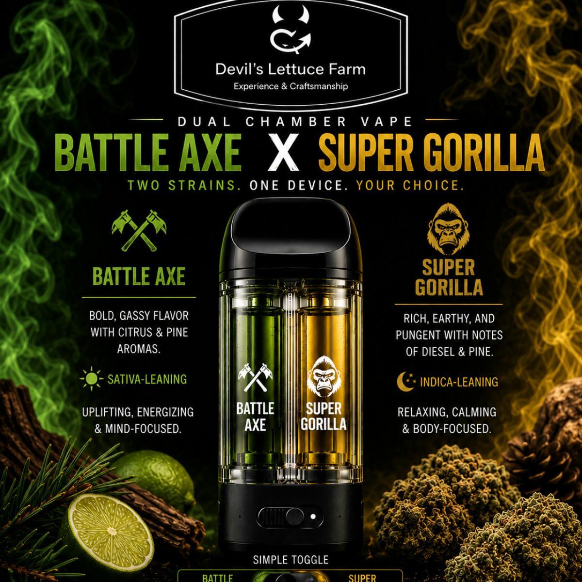 Dual Chamber Disposable - Battle Axe (.5g) x Super Gorilla (.5g) | Devil’s Lettuce Farm