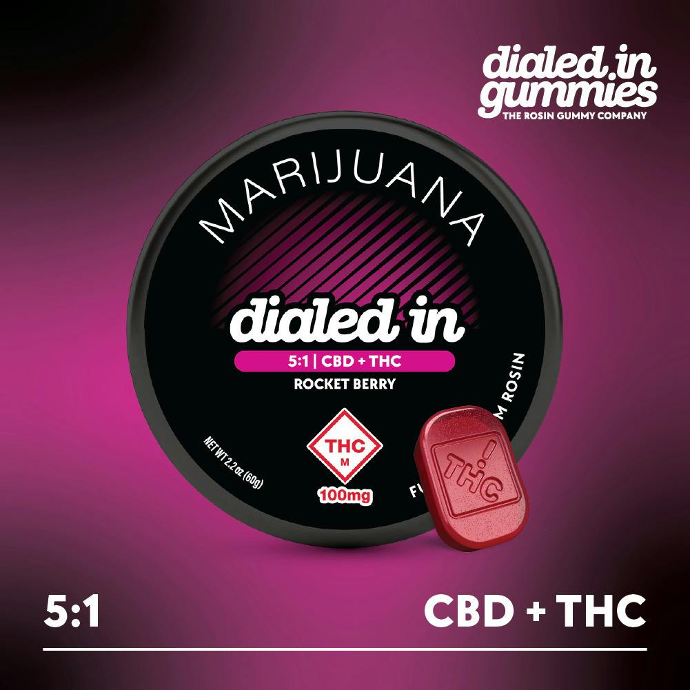 Dialed In: Rosin Gummies | Rocket Berry Relax 5:1 | 100mg THC : 500mg CBD | 10pk