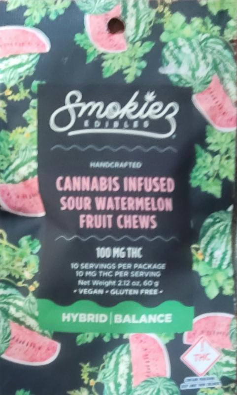 Sour Watermelon Hybrid 100mg THC Fruit Chews - Smokiez