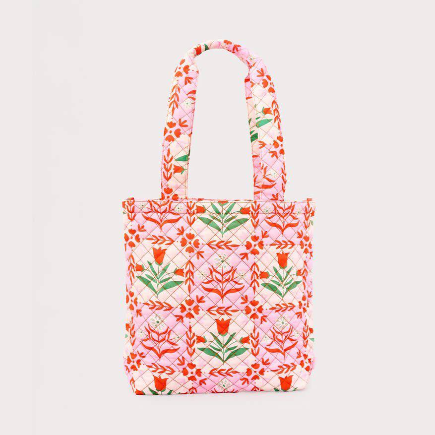 Quilted Tote, Pink Tile Floral