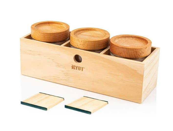 RYOT JARS (3 CLEAR JARS AND WOODEN BEECH TRAY HOLDER)