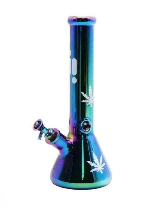 INFYNITI - 14" Tall Beaker Bong W/ Ice Pinch - Dark Green Sunshine - (Chrome Finish Leaf)
