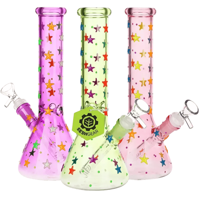 SESHGEAR - 10" Tall 14mm Shining Star Beaker Glass Bong (ASST COLOURS)