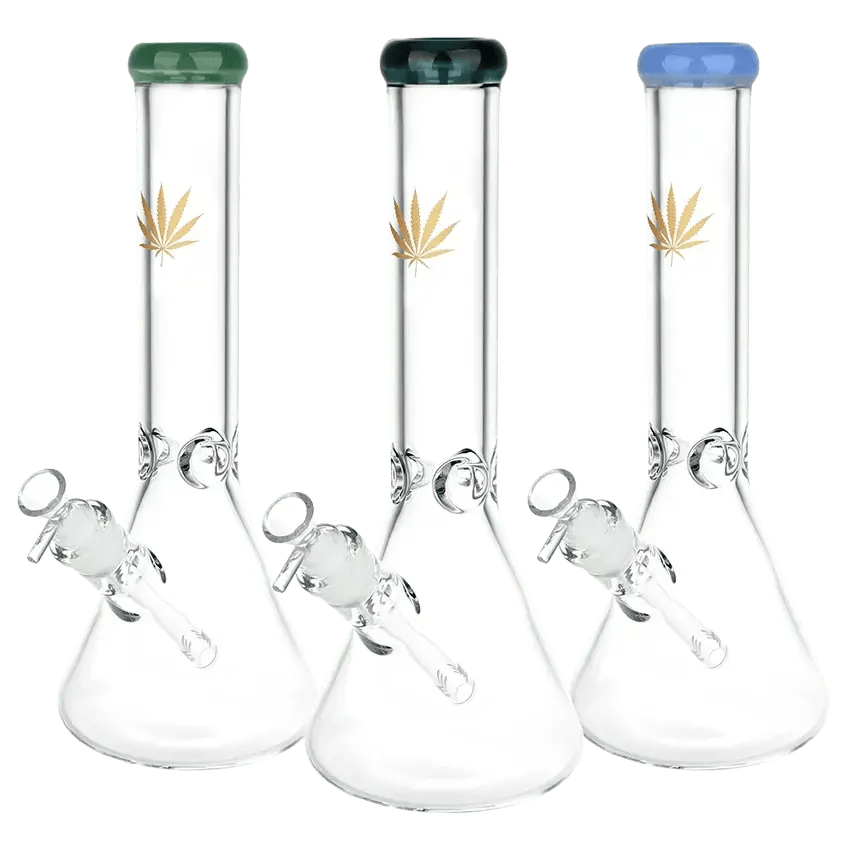 13.5" Tall 14mm Gold Hemp Leaf Glass Beaker Bong (ASST COLOURS)