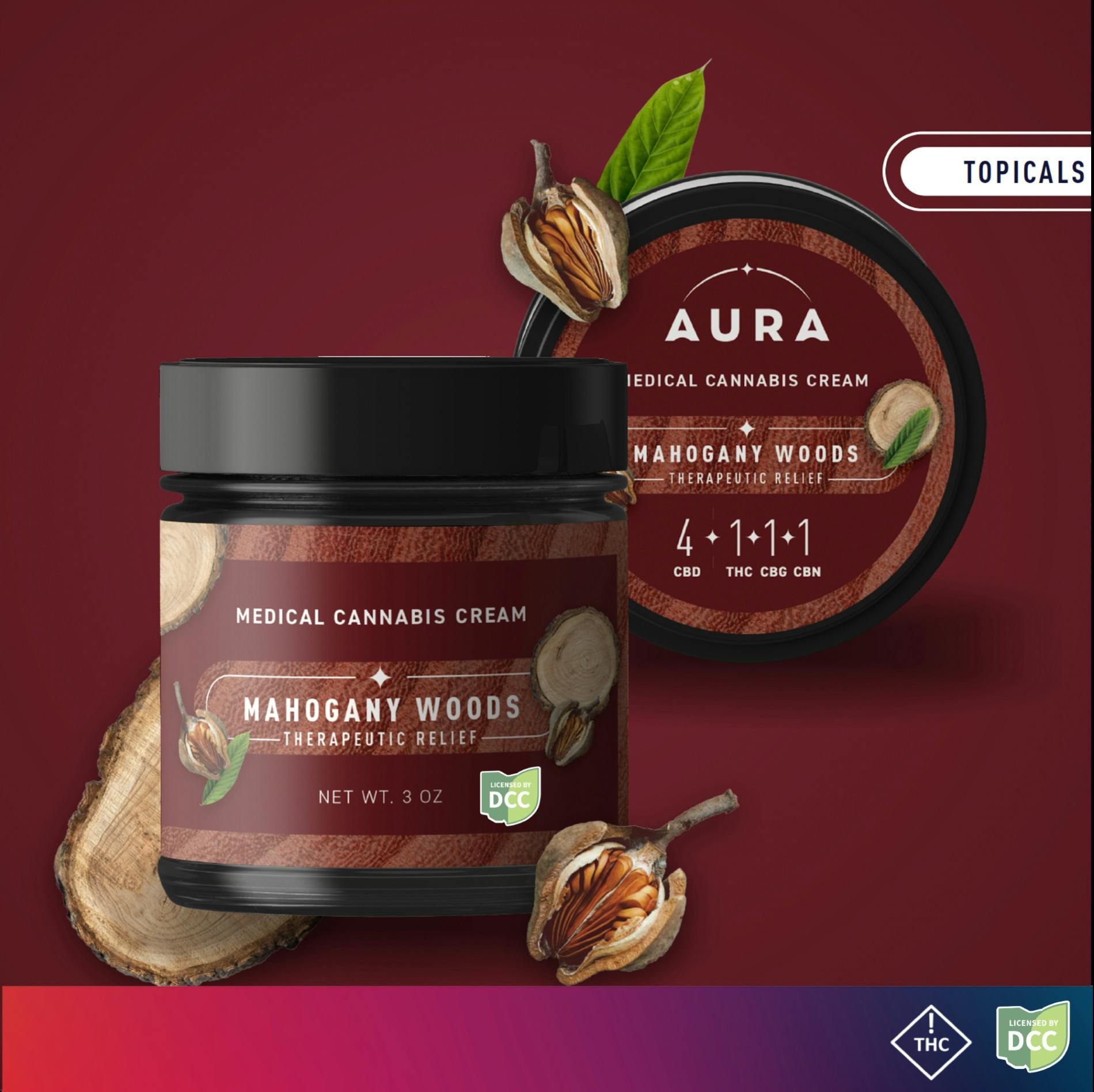 Aura | Mahogany Woods 4:1:1:1 CBD:THC:CBG:CBN | 295mg Topical Cream at ROAM Dispensary