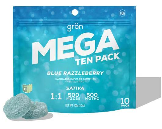 Grön | Blue Razzleberry MEGA 1:1 THC:CBG 10pk | 500mg Gummies