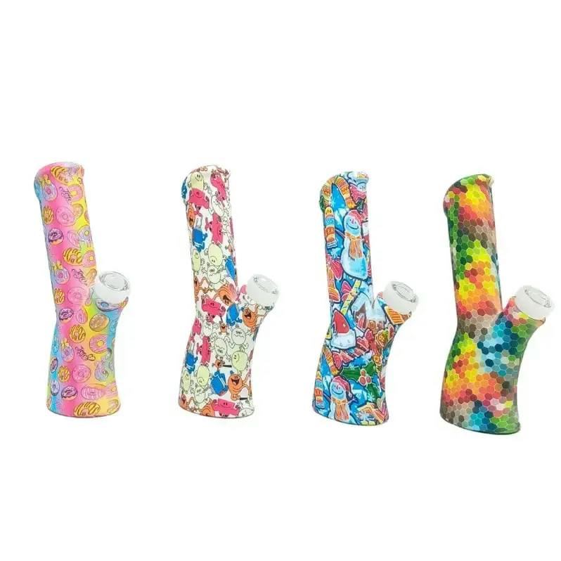 8.5" Printed Silicone Bent-Neck Straight Bong - Assorted Colors