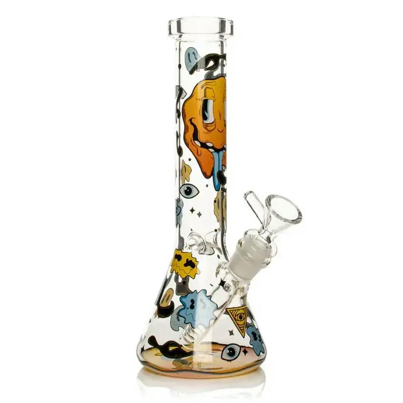 Red Eye Glass 10" Tall Smiley Face Beaker Base Water Pipe