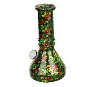 6" Vivid Vault Beaker Mini Glass Bong - Multi color Weed Leafs