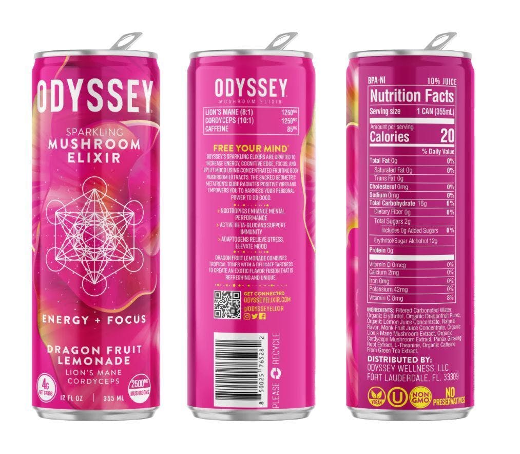 Odyssey Lion's Mane and Cordyceps Mushroom Energy Drink - Dragon Fruit Lemonade
