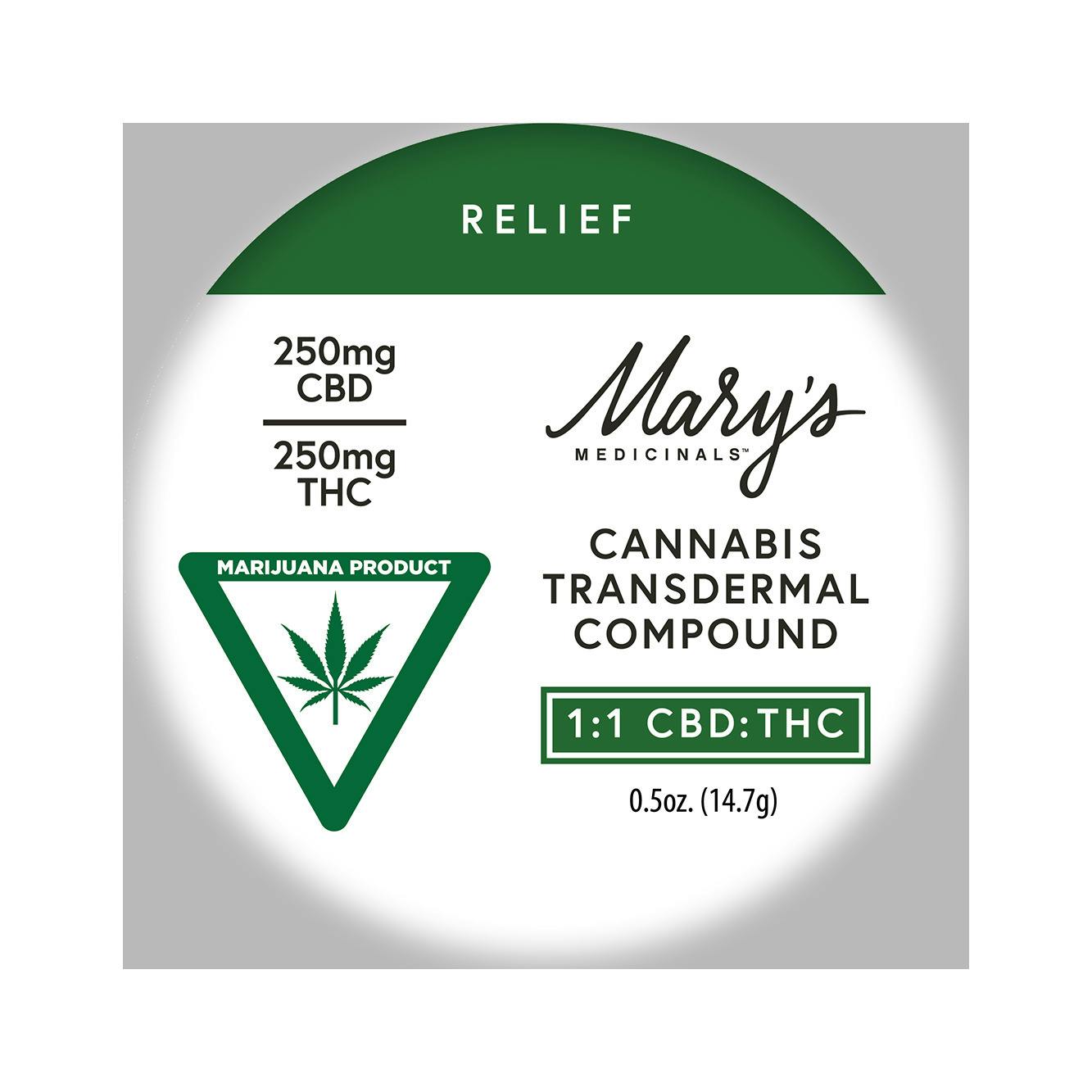 Mary's Medicinals | Relief - 1:1 CBD:THC | Cannabis Transdermal Compound - 0.5oz Jar