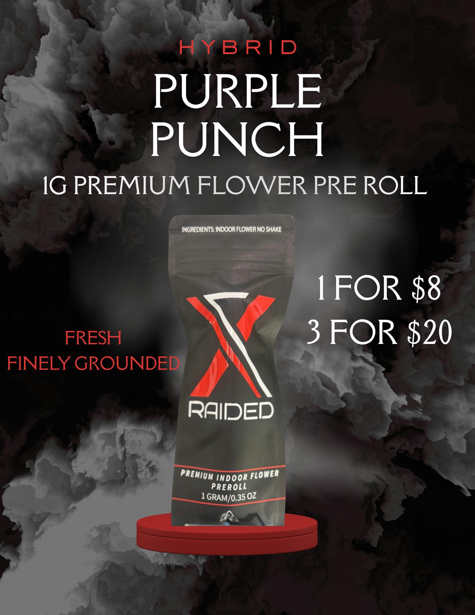 XRAIDED FLOWER PREROLL - PURPLE PUNCH -1G