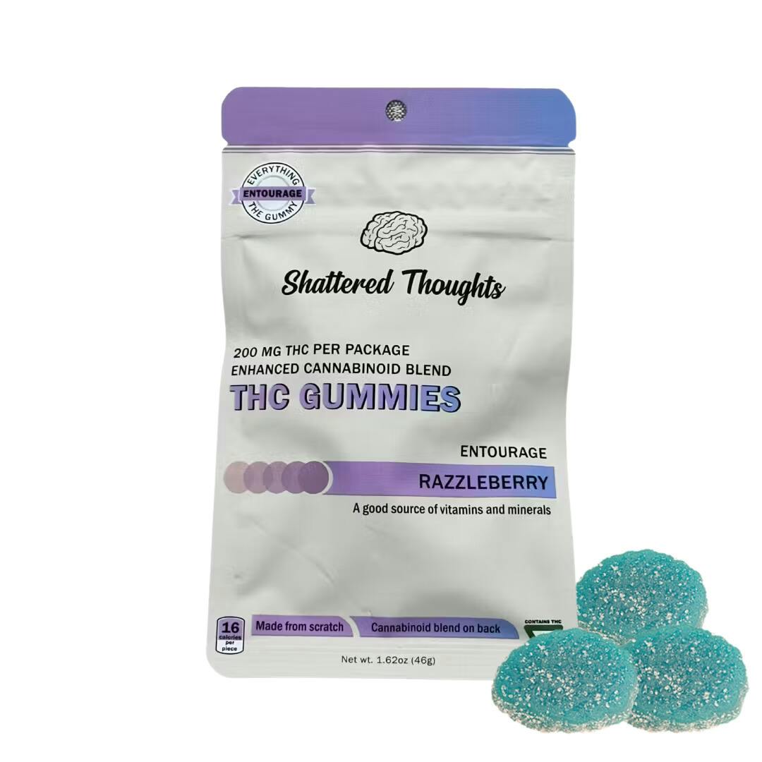 Shattered Thoughts | Razzleberry Entourage Gummies | 5:1:1:1:1 THC:CBD:CBG:CBN:CBC