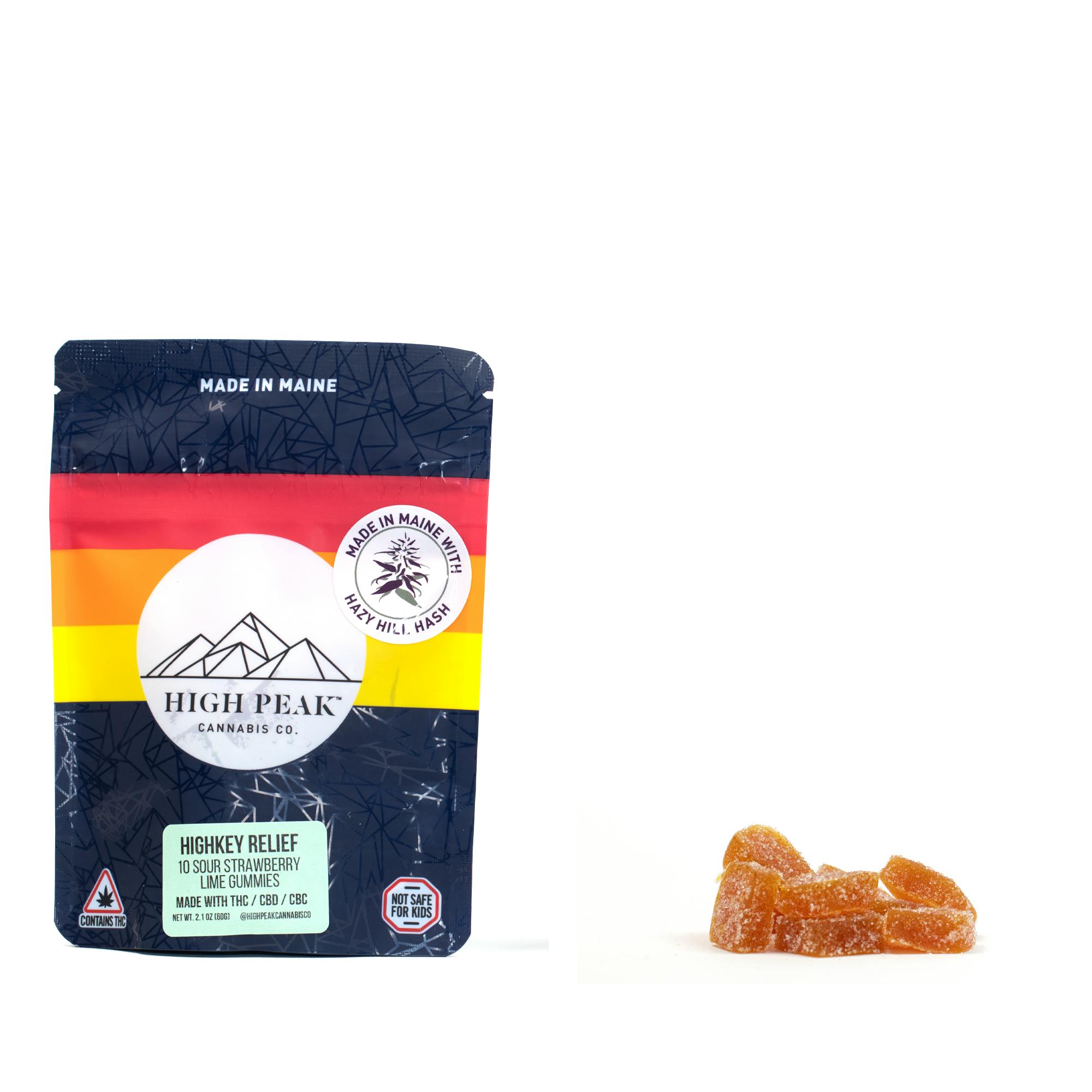 High Peak | Highkey Relief | Sour Strawberry Lime | Hash Rosin Gummies | Adult Use | 100mg.