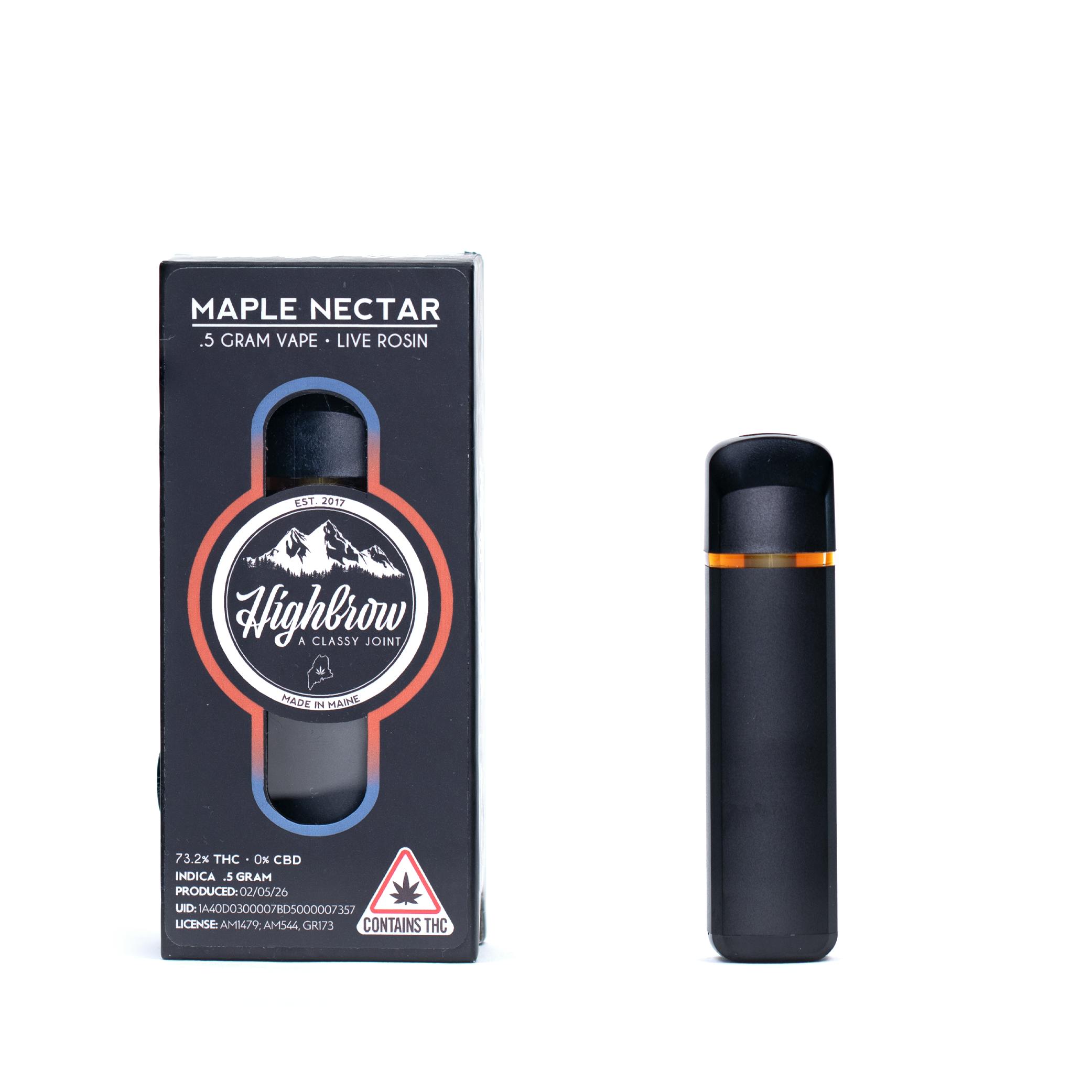 Highbrow | Maple Nectar | Live Rosin | 0.5g Disposable Vape.