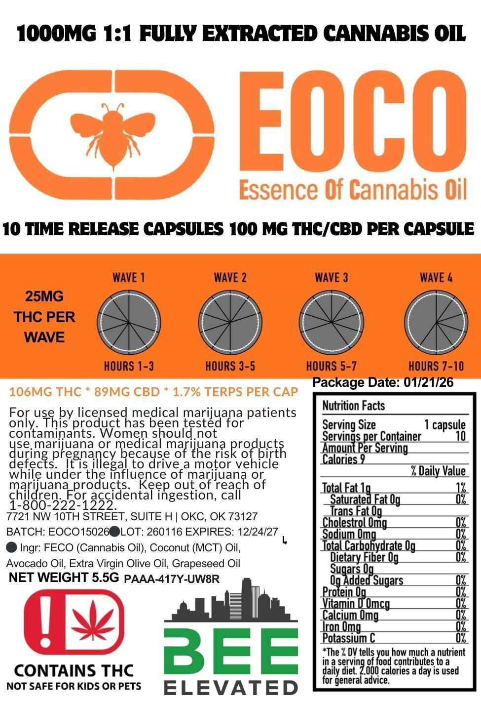 1000mg Bee Elevated EOCO 1:1 Time Release Capsules