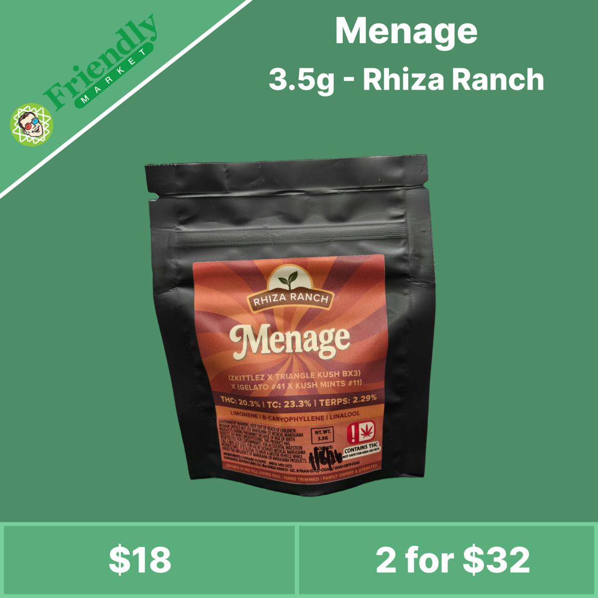 3.5g Rhiza Ranch Pre-Packed Flower - Menage [Indica]