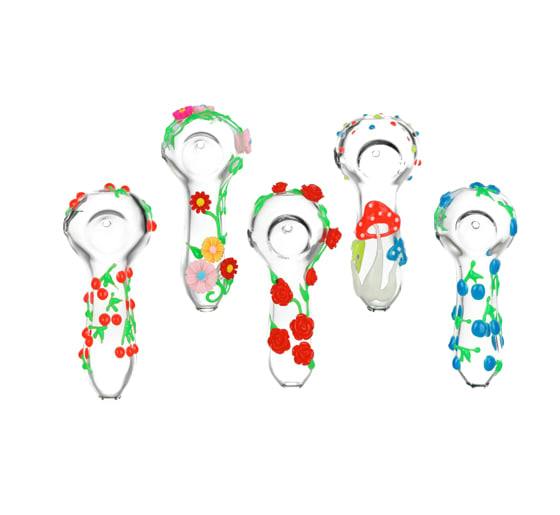 Nature's Bounty Glow Glass Spoon Pipes Bundle - 4" - Assorted Designs