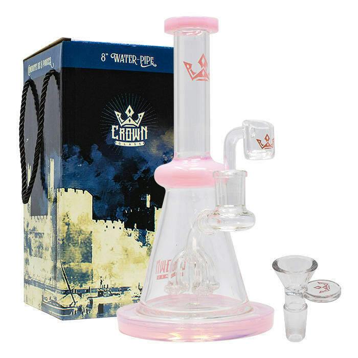 Bent Neck Pink Crown Glass 8 Inches Glass Dab Rig And Bong