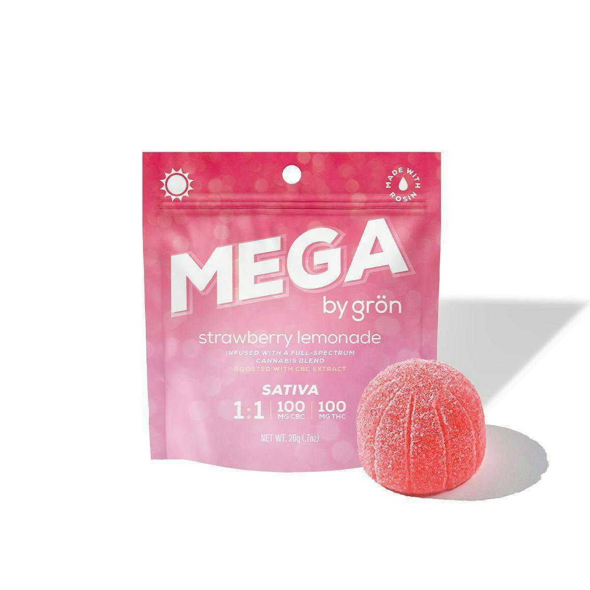 Gron Mega Strawberry Lemonade 1:1 CBC:THC 1pk 100mg Gummy at The Flowery Dispensary Haverstraw