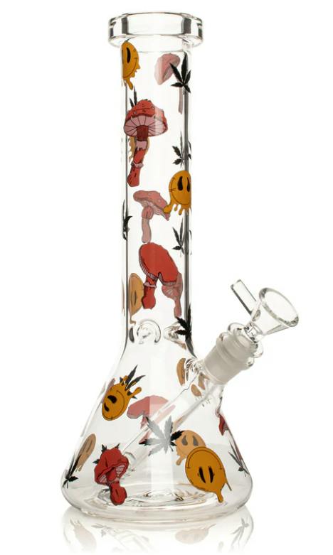 RED EYE GLASS - 12" TALL SMILEY SHROOMS BEAKER BASE WATER PIPE - REG145 - T4E