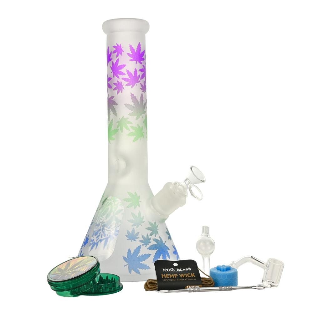 12" 5mm Frosted Leaf Glass Bong 9-in-1 Dab Kit