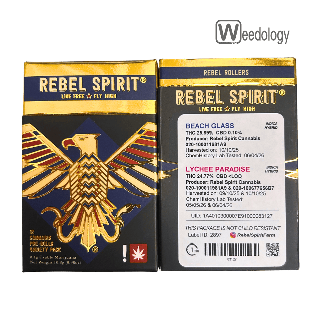 Rebel Spirit 12pk BEACH GLASS(I-H)/LYCHEE PARADISE(I-H) 0.7g Pre-Rolls