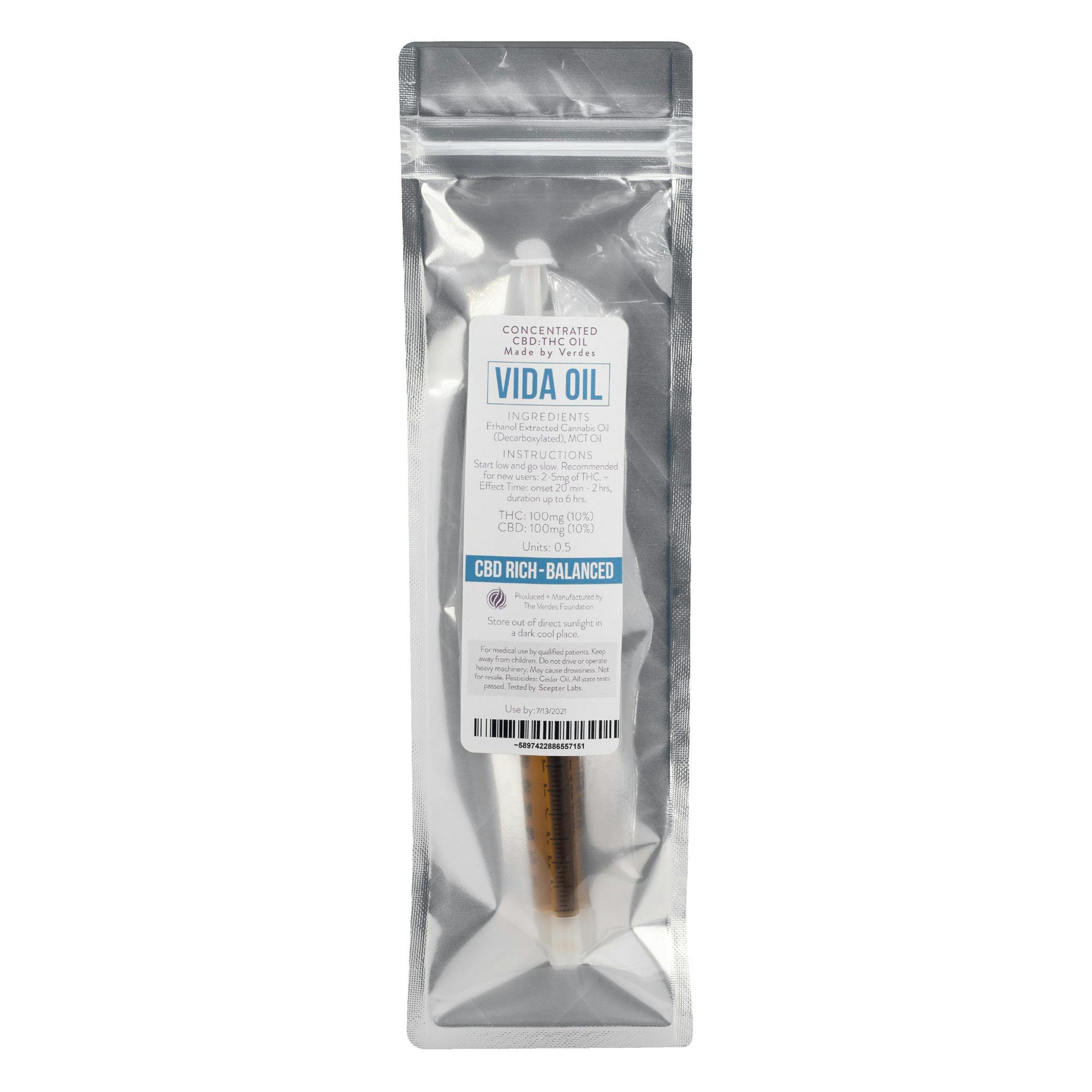 100mg - Verdes - Vida Oil 1:1 RSO THC:CBD 1ml Concentrated Cannabis Oil