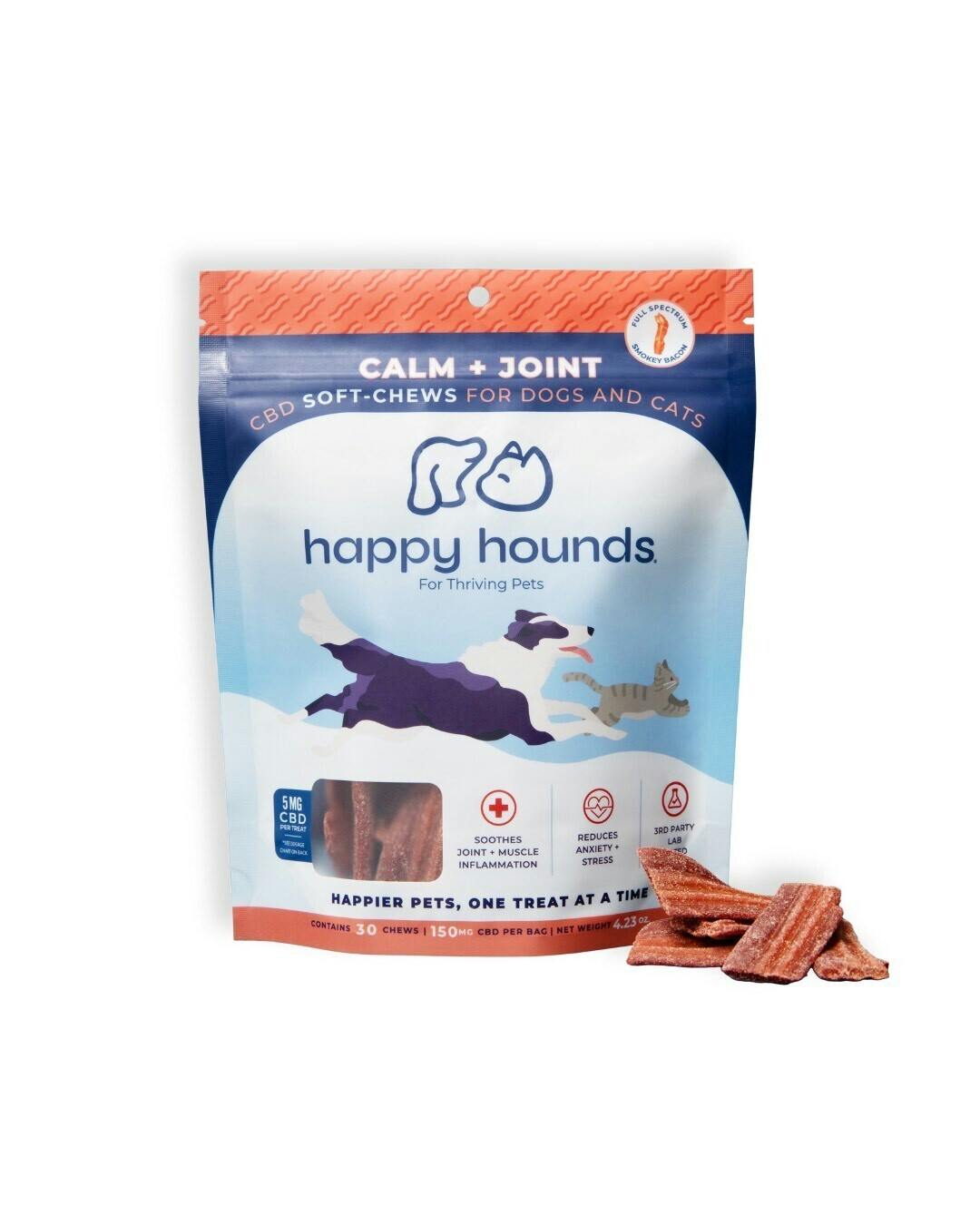 + Joint 5mg Bacon Soft Chews 30 Pack | Happy Hounds | Pet Care