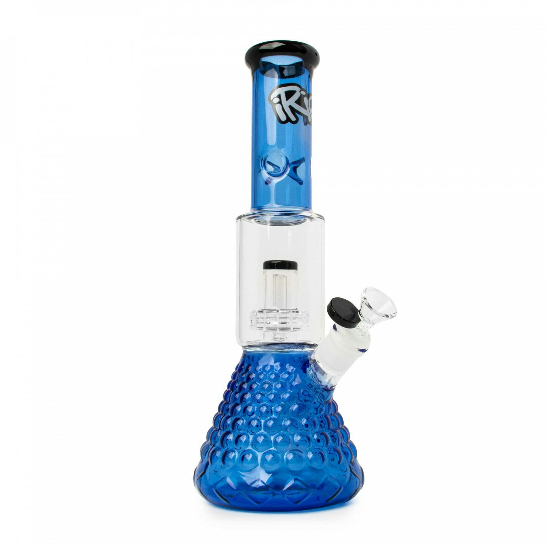 iRie 13.5" Tall Sapphire Blue & Black Dual Chamber Beaker Tube W/Textured Base & Showerhead Perc