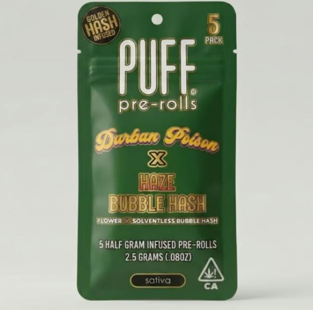 Durban Poison + Haze | Sativa Bubble Hash Infused Pre-Roll Pack | 2.5g | 5 Pack