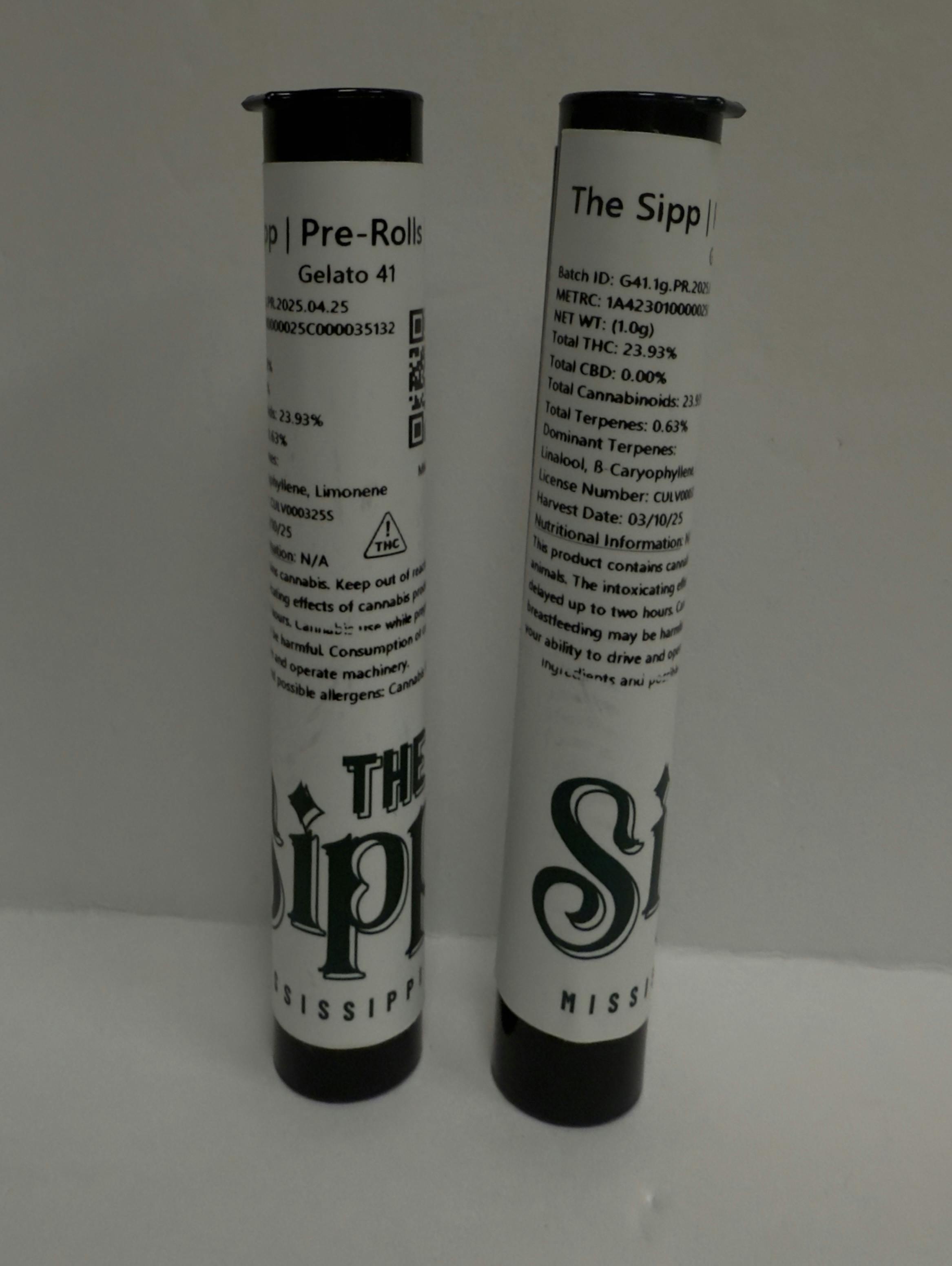 The Sipp | Gelato 41 1g Preroll (ind/hyb) at Bee's Buds Dispensary Wiggins