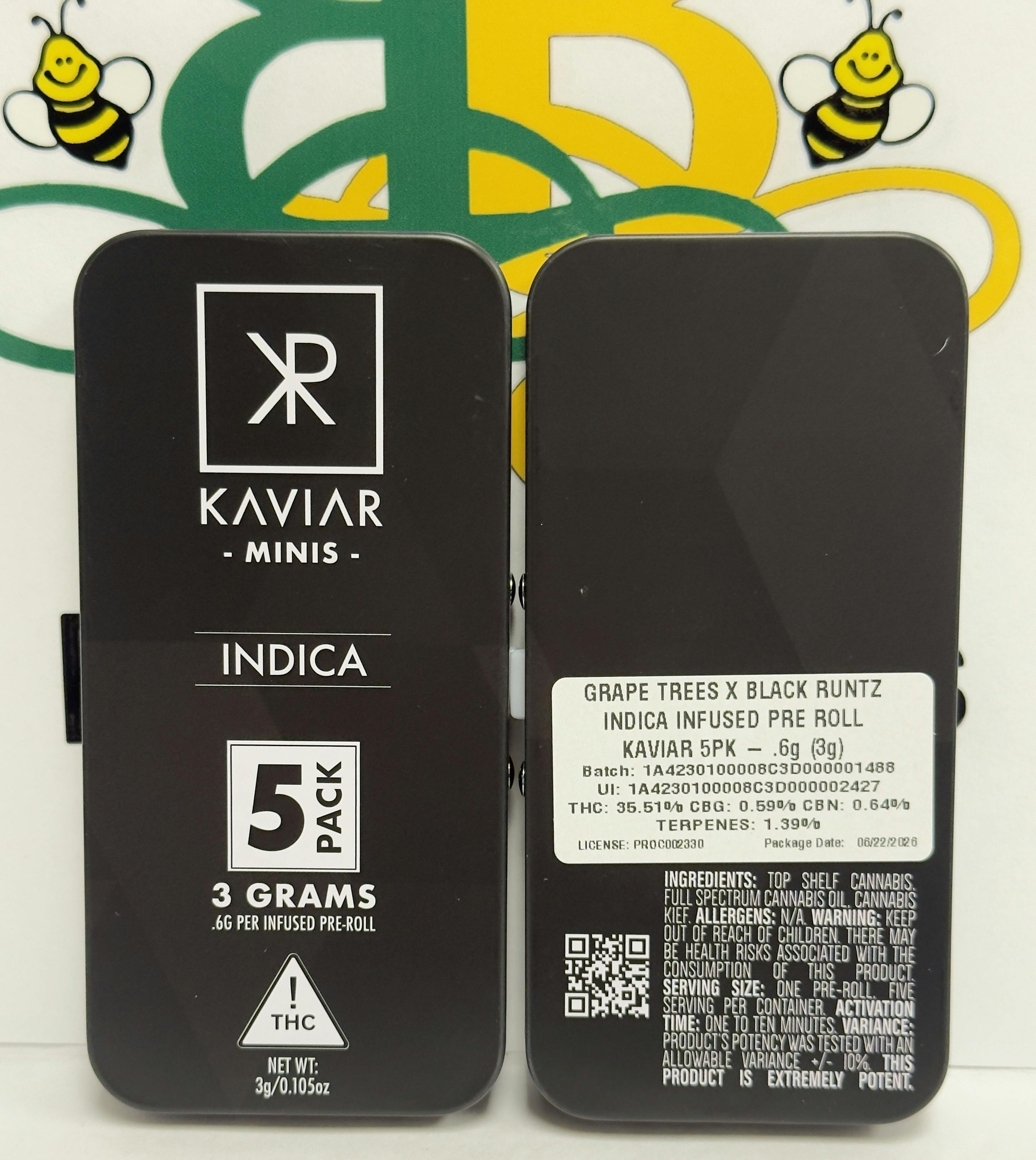 Kaviar | Infused Pre-Roll | 5-Pack (.6g ea) | Grape Trees x Black Runtz | Indica | 3g at Bee's Buds Dispensary Wiggins
