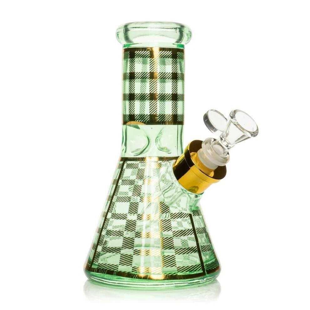 8" Tall Green Gold Plaid Beaker Base Water Pipe