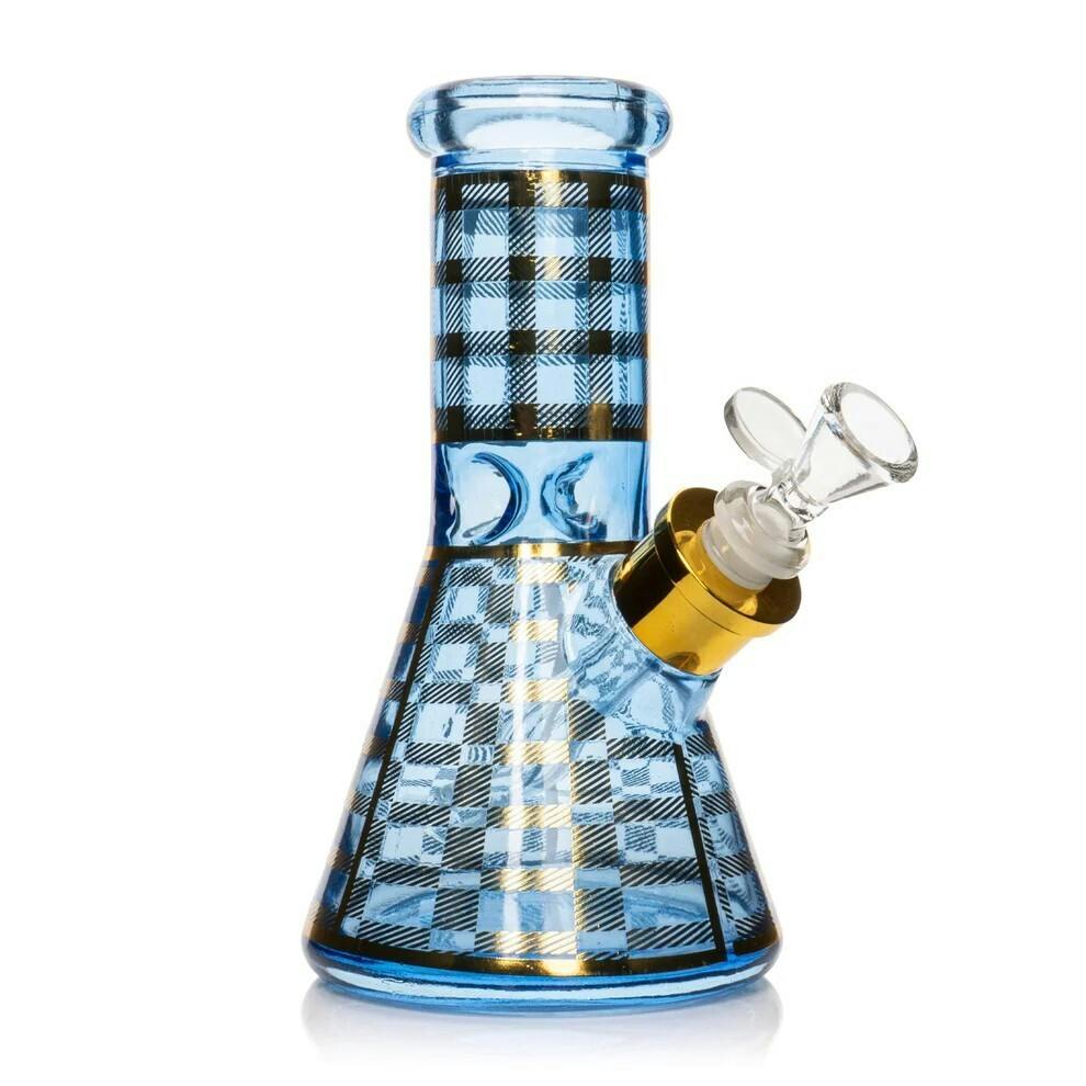 8" Tall Blue Gold Plaid Beaker Base Water Pipe