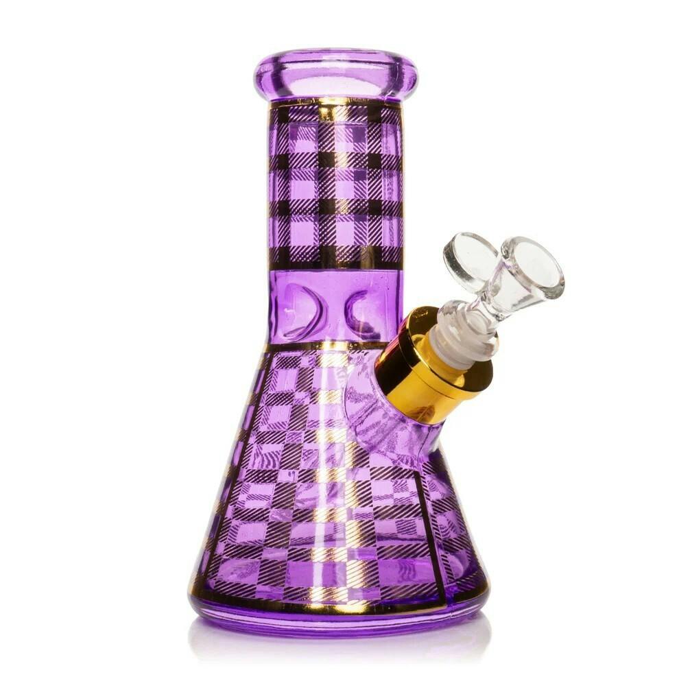 8" Tall Purple Gold Plaid Beaker Base Water Pipe