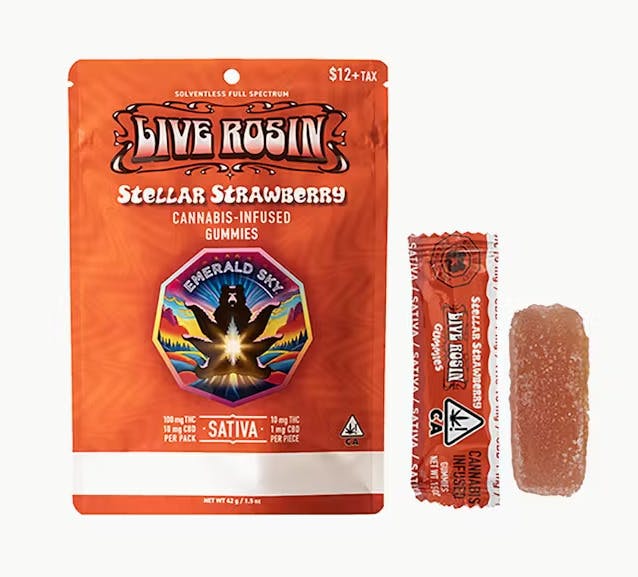 Emerald Sky Stellar: Emerald Sky Stellar Strawberry Sativa Live Rosin Gummies 100mg