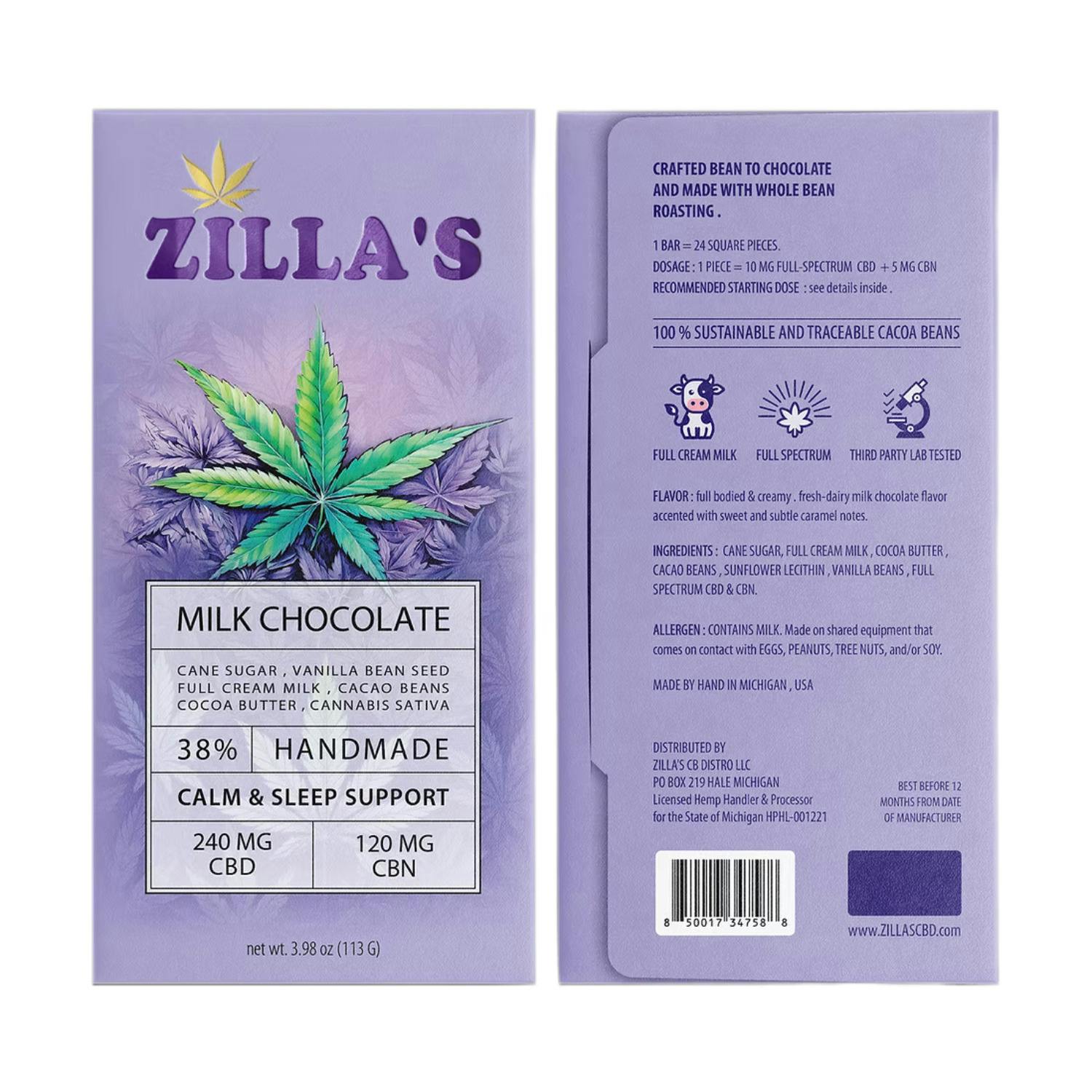 Zilla's - Chocolate Bar - (240mg CBD + 120mg CBN) - **MILK CHOCOLATE**