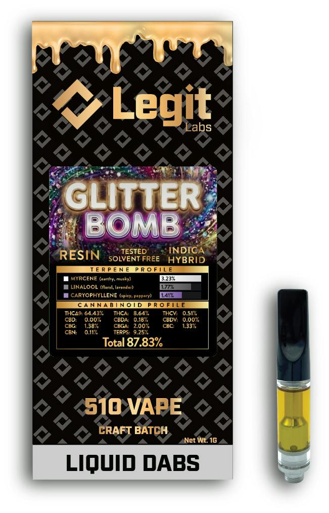 Legit Labs - 510 Vape Cartridge - (1g) - Indica - **GLITTER BOMB**