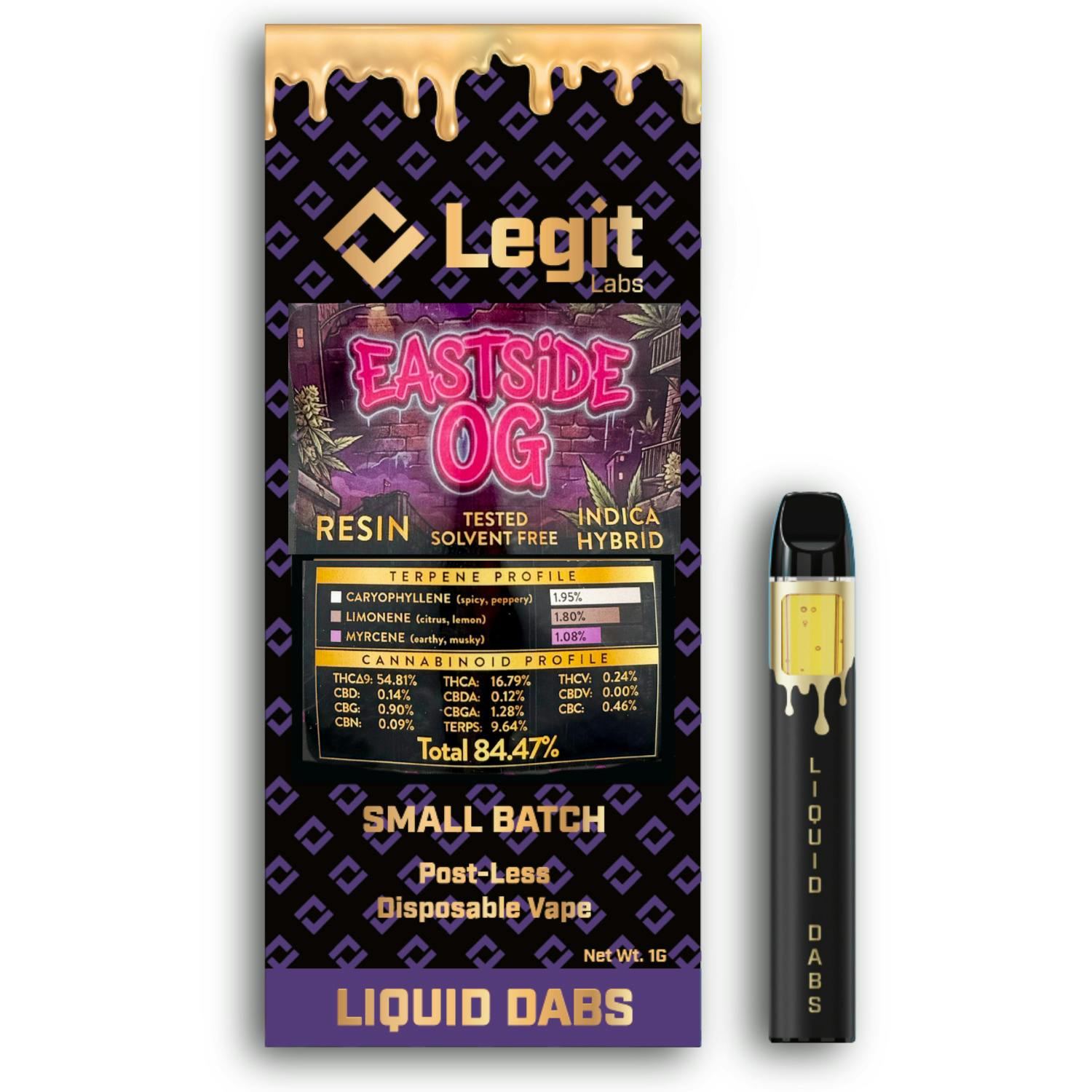 Legit Labs - Cured Resin Disposable Vape - (1g) - Indica Hybrid - **EASTSIDE OG** (2/$60)