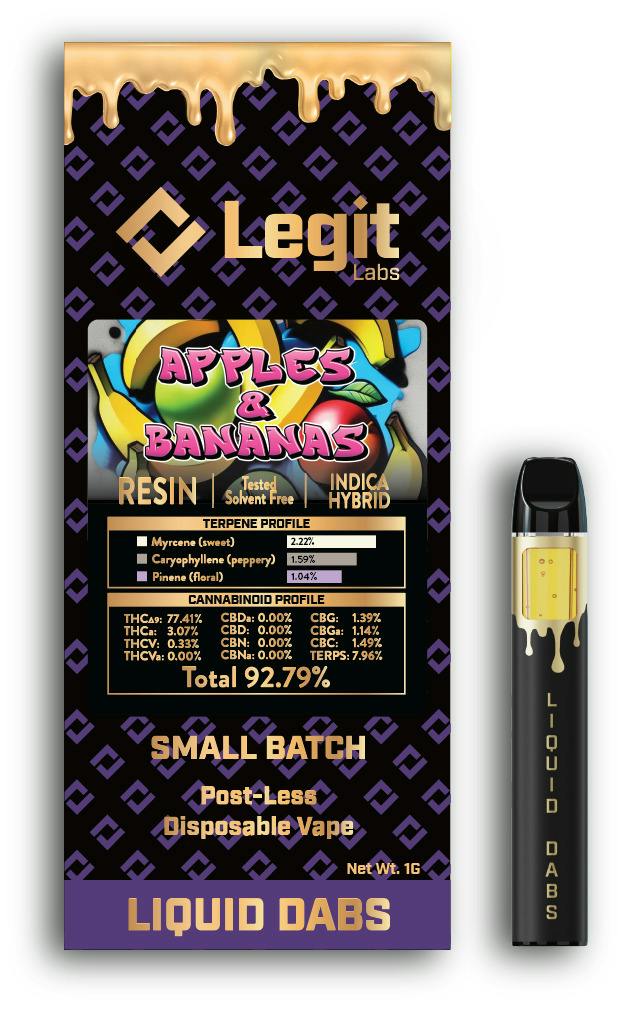 Legit Labs - Cured Resin Disposable Vape - (1g) - Hybrid - **APPLES & BANANAS** (2/$60)