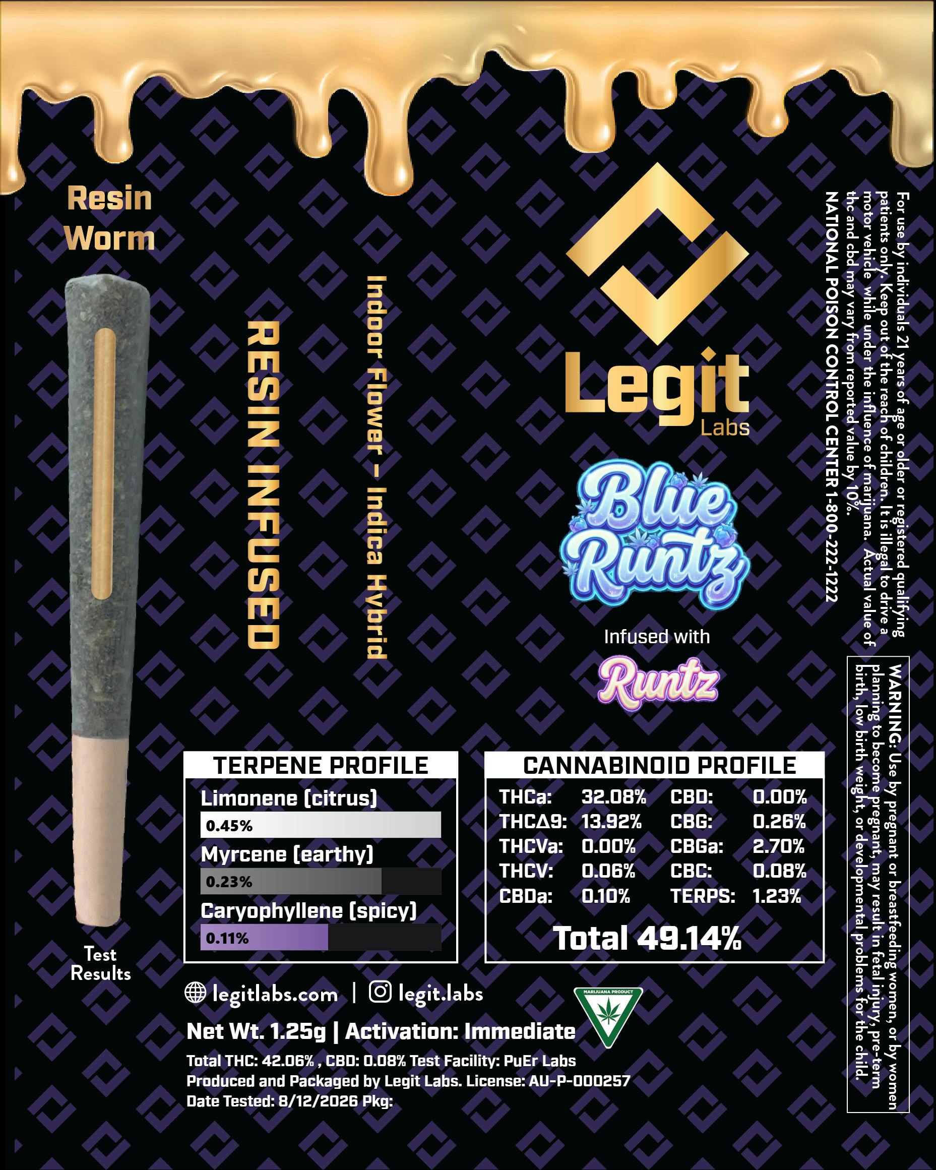 Legit Labs - Infused Preroll - (1.25g) - Indica Hybrid - **BLUE RUNTZ x RUNTZ** (2/$25)
