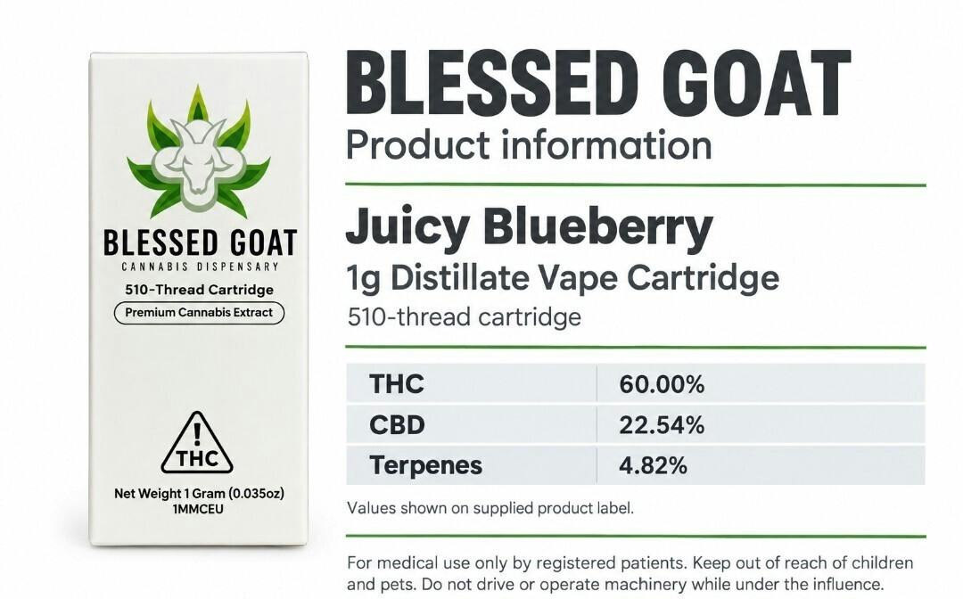 Juicy Blueberry | 1G Goat Distillate Vape Cart | Blessed Goat