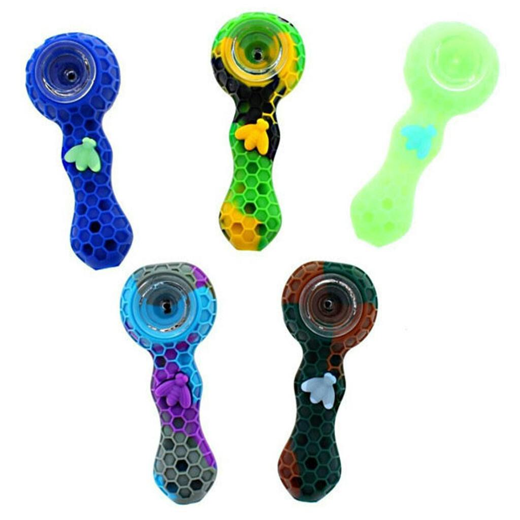 4.25” Silicone Honeycomb Hand Pipe w/ Glass Bowl & Dabber|Assorted Colors
