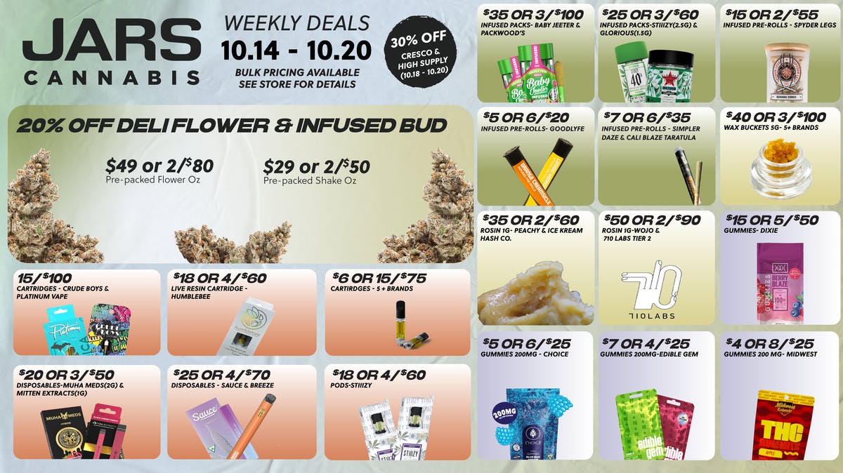 JARS Cannabis Weekly Deals at JARS Cannabis Ann Arbor Weedmaps