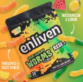 ENLIVEN RESET 1:1 CBD 10PK SOUR GUMMY WORMS 100MG
