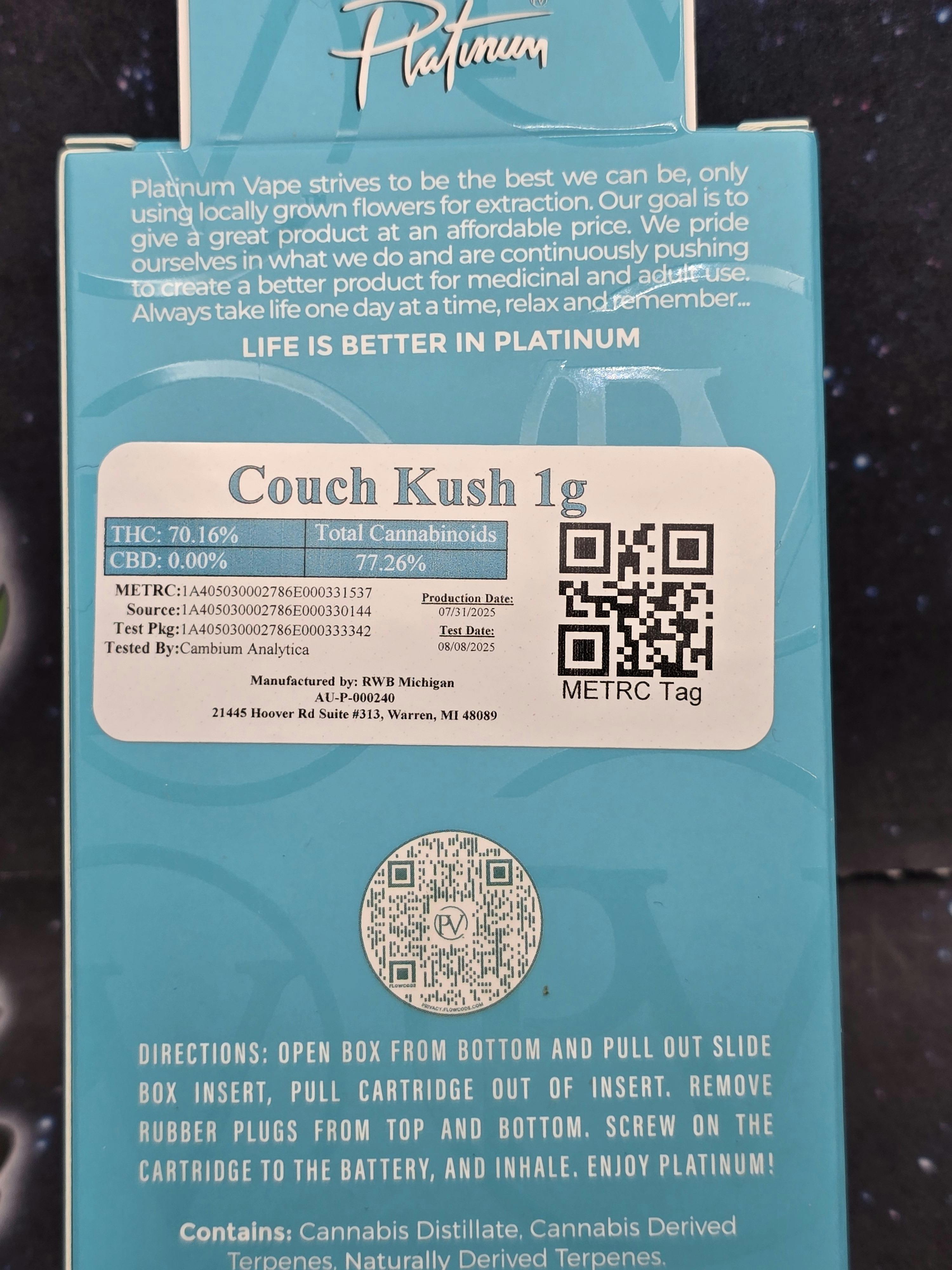 Platinum Vape | Couch Kush | 1G Cartridge