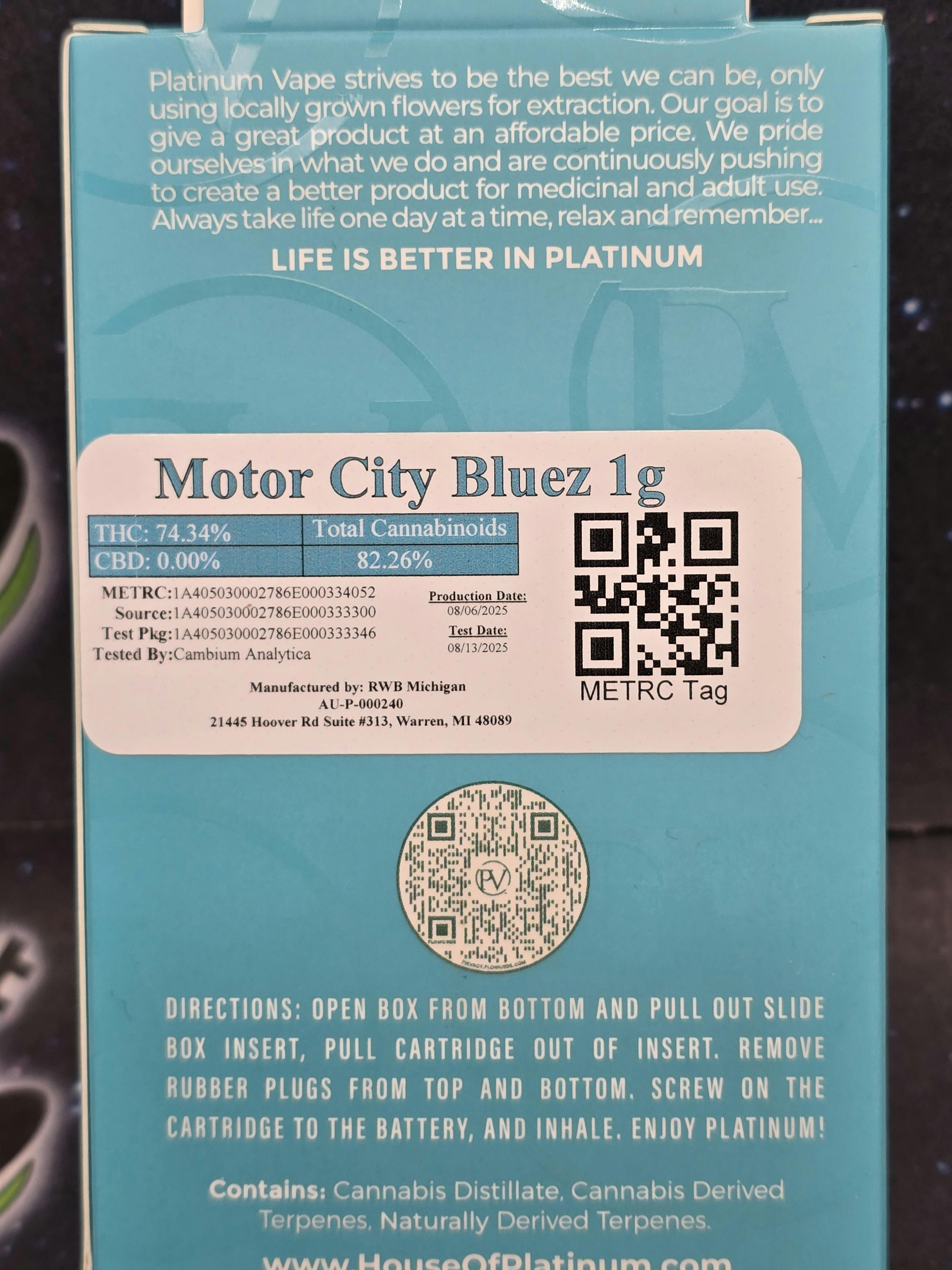 Platinum Vape | Motor City Bluez | 1G Cartridge