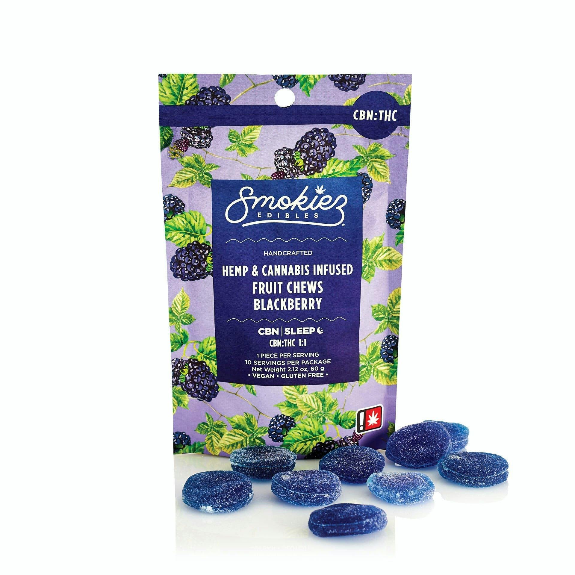 Blackberry Fruit Chews CBN:THC | 100mg | 10ct | 10mg/ea by Smokiez Edibles